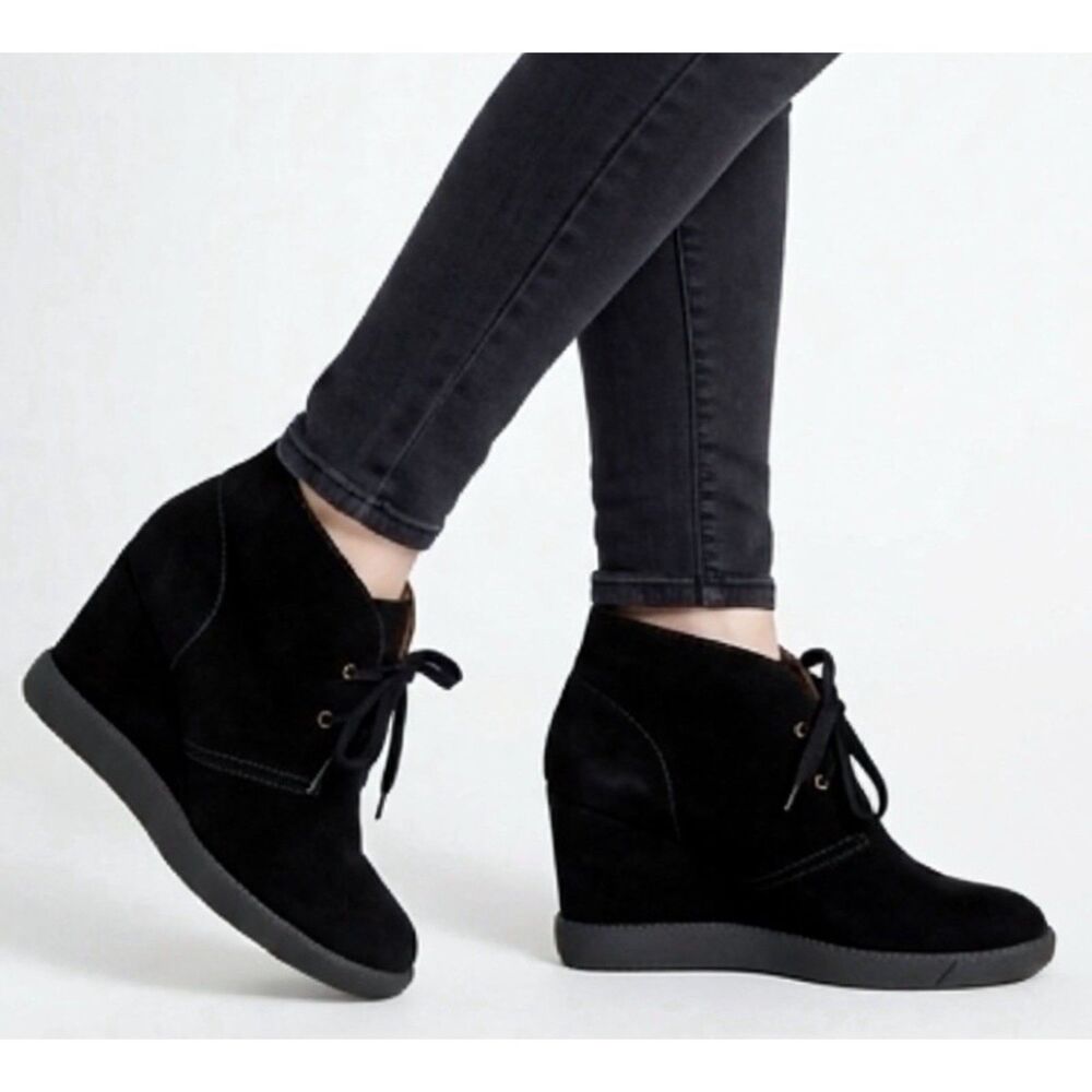 See by Chloé Black Suede Wedge Sneakers Lace Up Size 37.5
